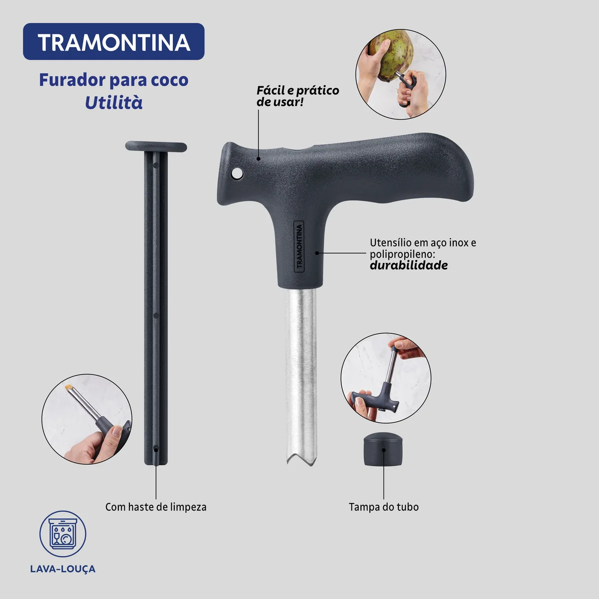 Abridor/Furador de Coco Tramontina Utilita Cinza com Lâmina em aço Inox e cabo em Polipropileno