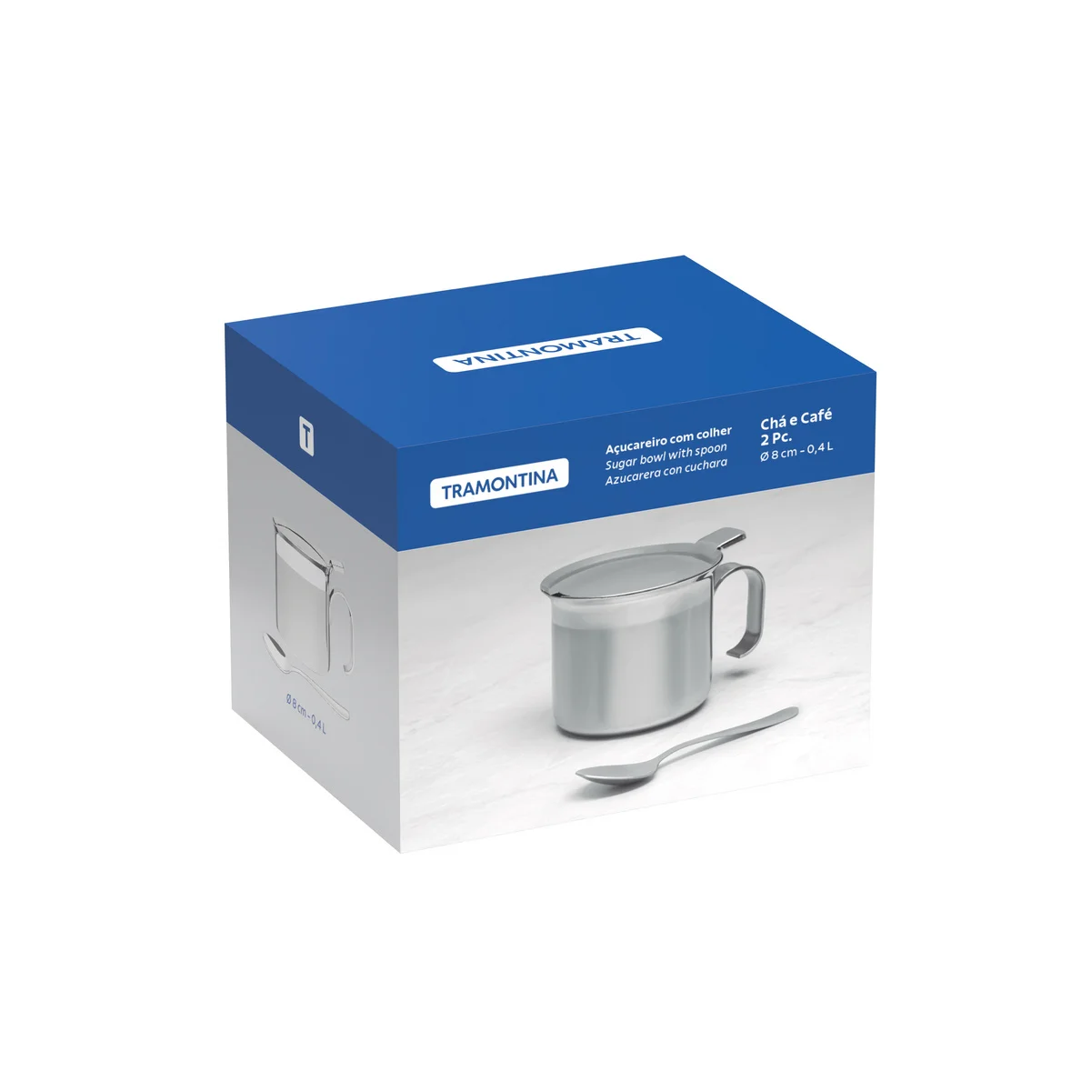 Açucareiro Tramontina Buena com Alça em Aço Inox com Colher Detalhe Brilho 8 cm 350 ml