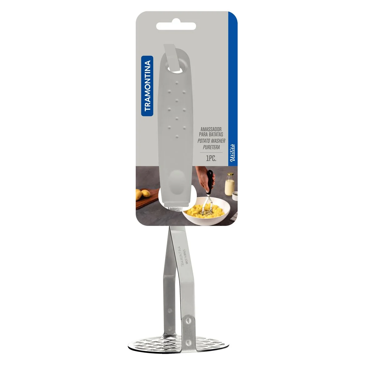 Amassador de Batatas Tramontina Utilità em Aço Inox com Cabo de Polipropileno Branco