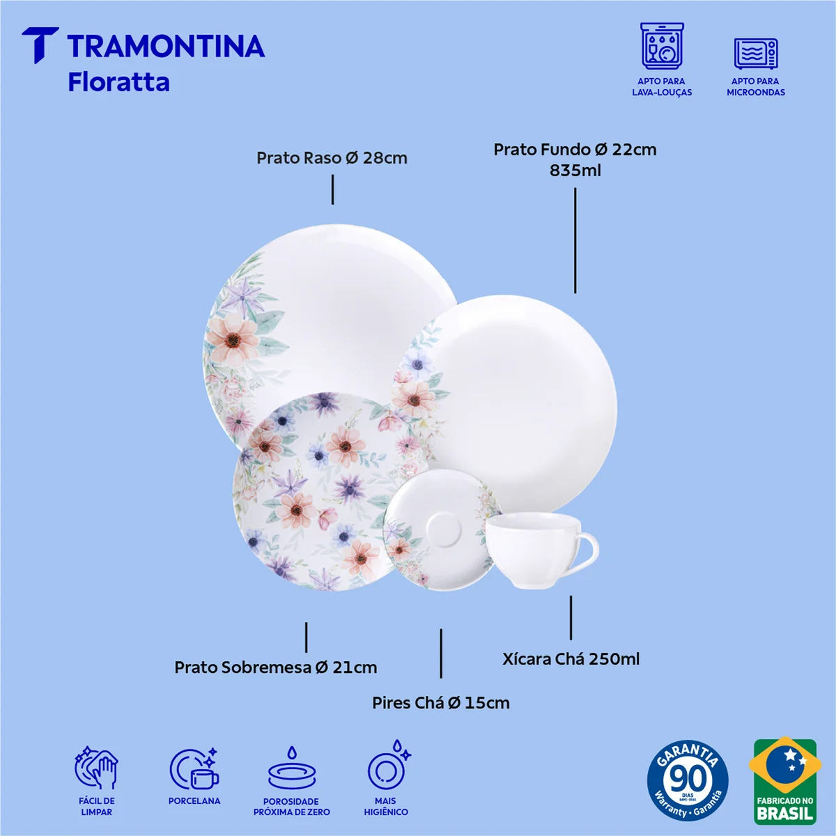 Aparelho de Jantar Tramontina Floratta em Porcelana Decorada 20 Peças