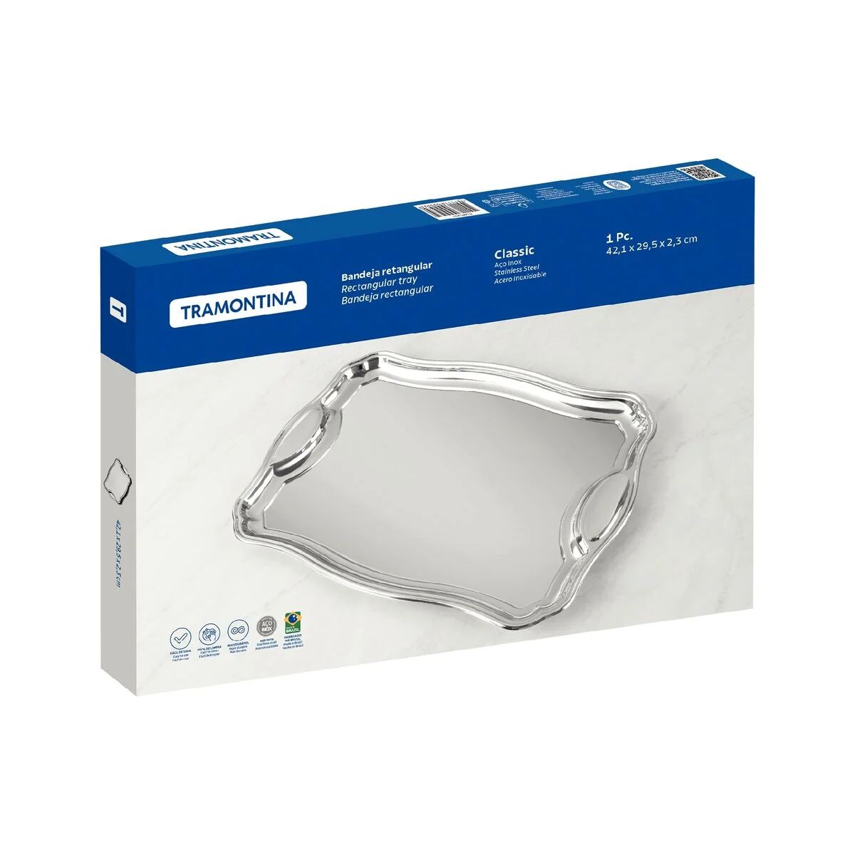 Bandeja Tramontina Classic Retangular em Aço Inox com Alças 42 x 29 cm