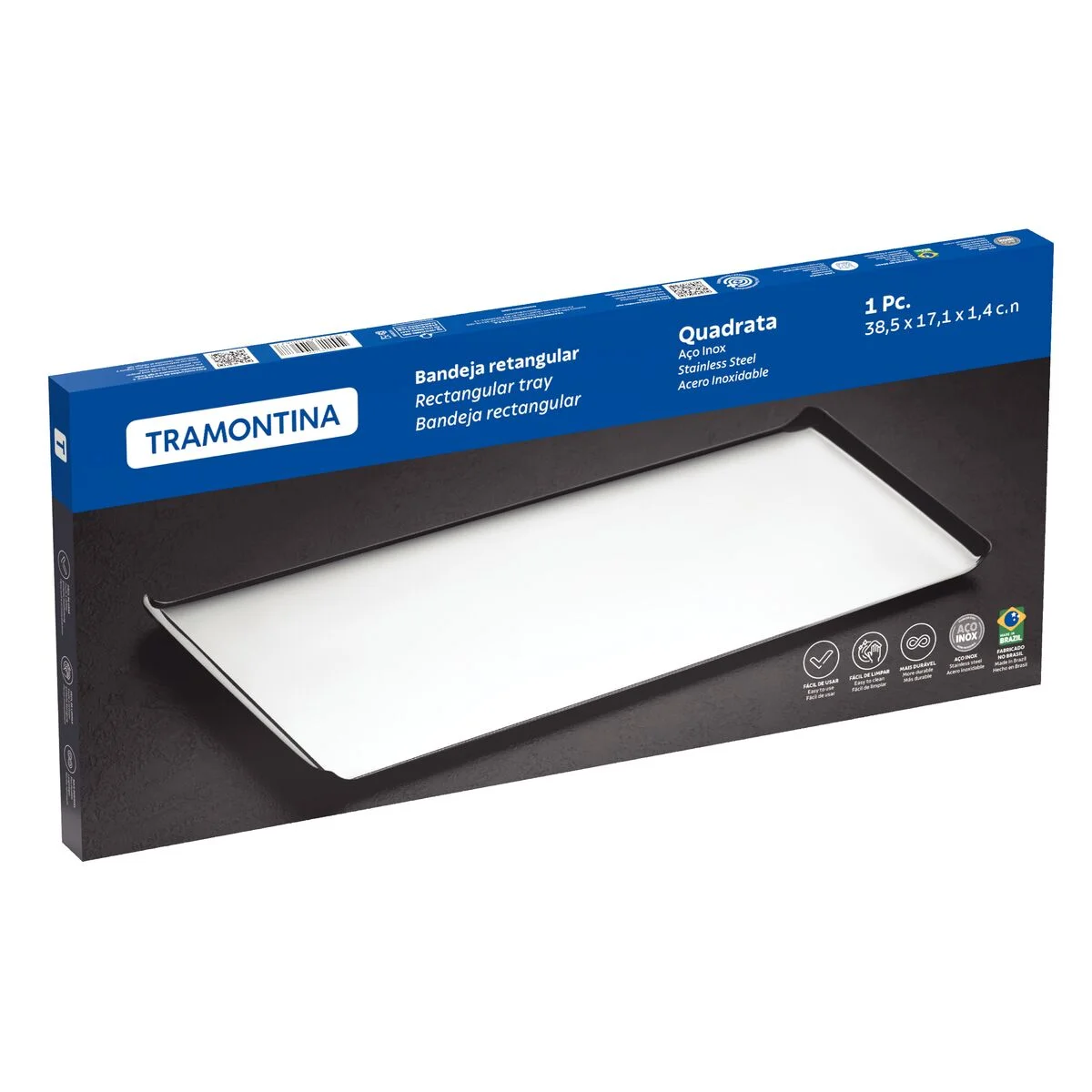 Bandeja Tramontina Quadrata Retangular em Aço Inox Alto Brilho 38x17 cm