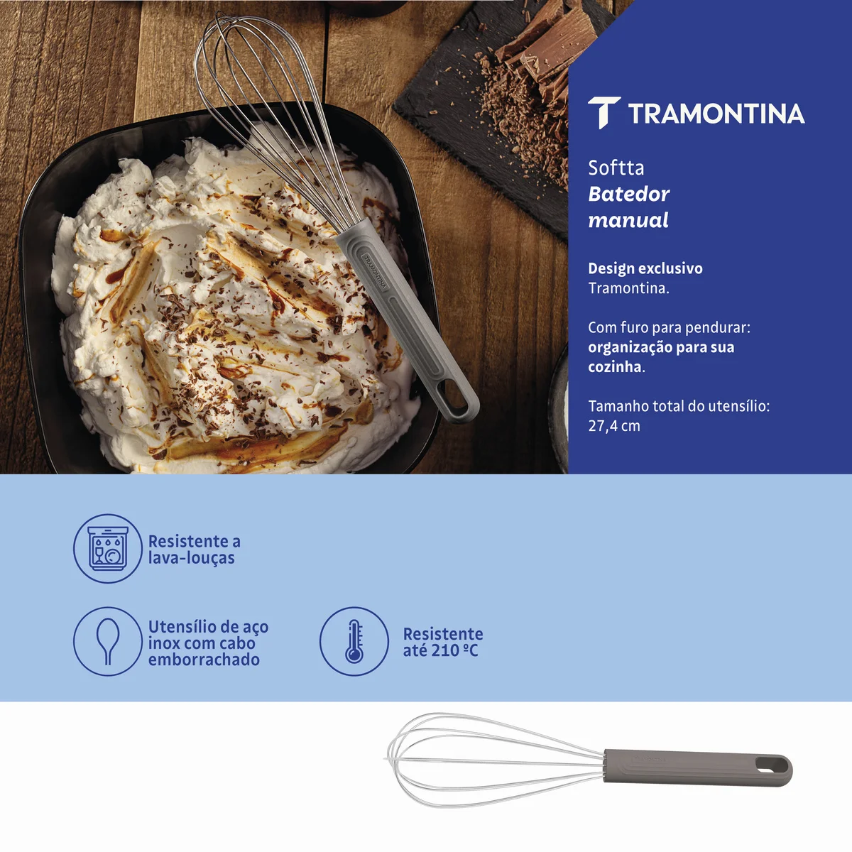 Batedor Manual Tramontina Softta em Aço Inox com Cabo Emborrachado Cinza