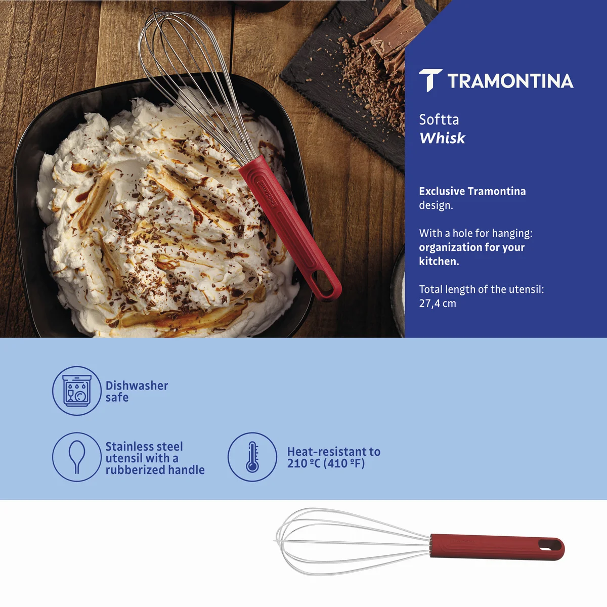 Batedor Manual Tramontina Softta em Aço Inox com Cabo Emborrachado Vermelho