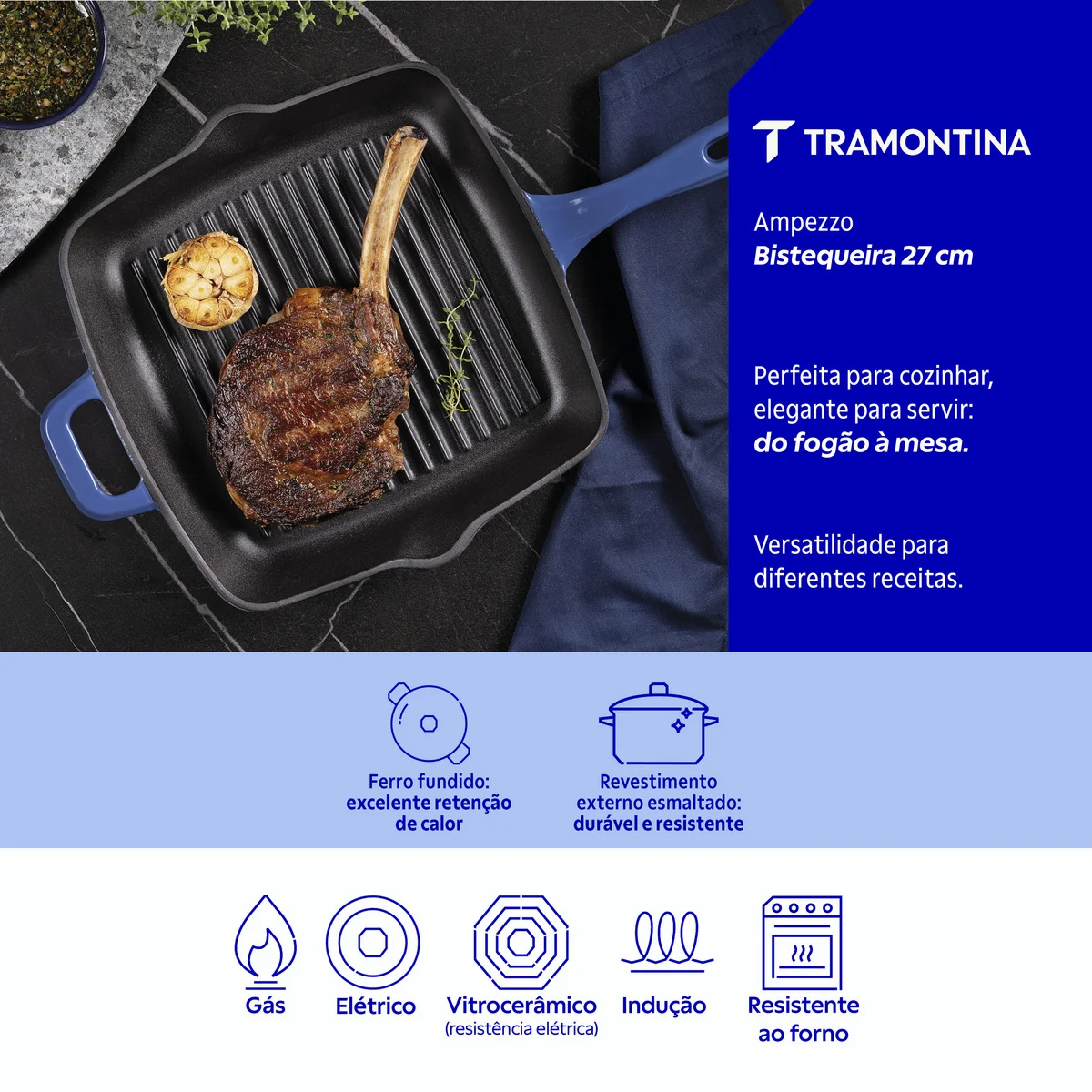 Bistequeira Tramontina Ampezzo em Ferro Fundido com Revestimento Interno e Externo Esmaltado Azul 27 cm 2,4 L