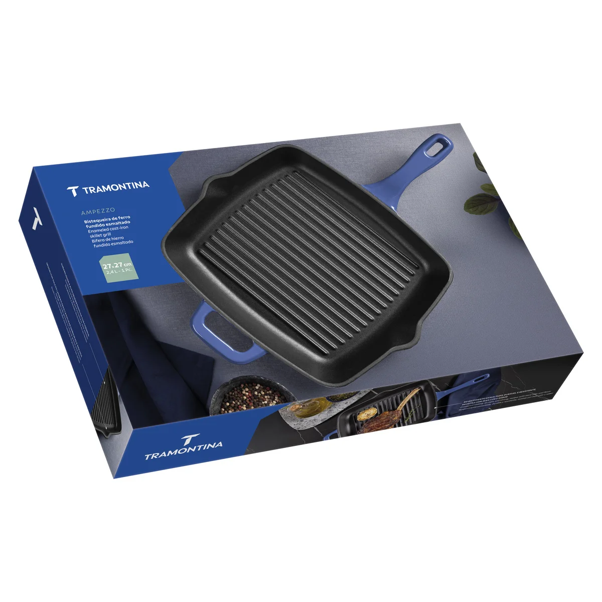 Bistequeira Tramontina Ampezzo em Ferro Fundido com Revestimento Interno e Externo Esmaltado Azul 27 cm 2,4 L
