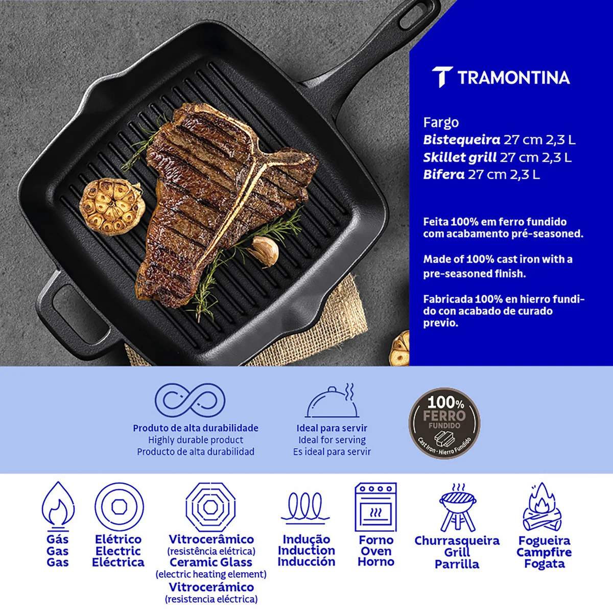 Bistequeira Tramontina Fargo em Ferro Fundido com Acabamento Pre-Seasoned 27 cm 2,3 L