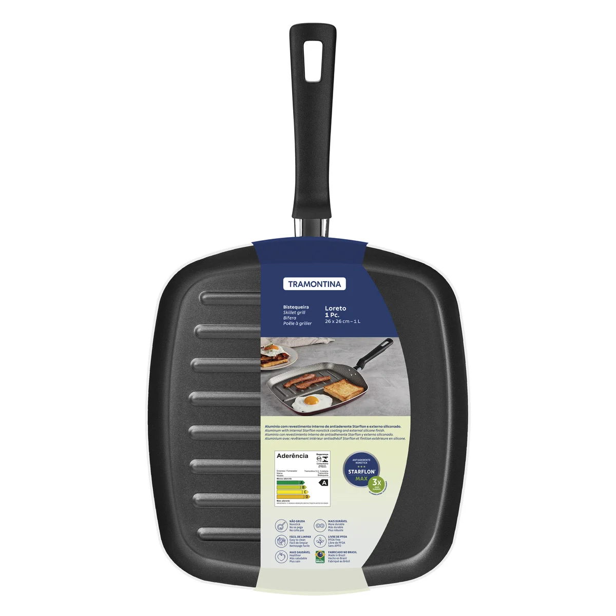 Bistequeira Tramontina Loreto em Alumínio com Revestimento Interno Antiaderente Starflon Max e Exterior Siliconado Grafite 26 cm