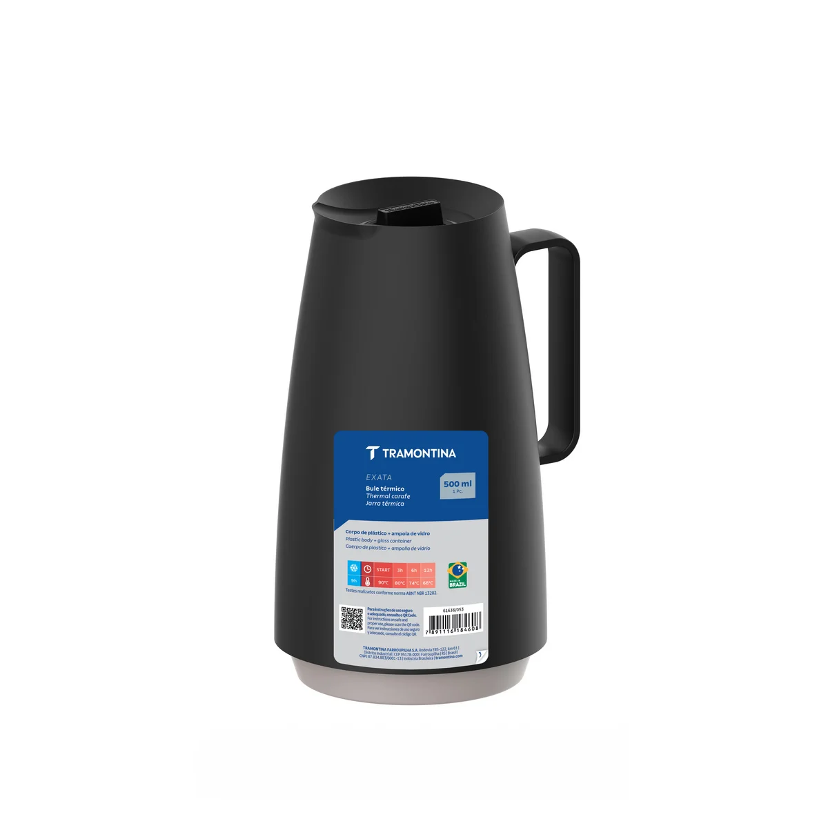 Bule Térmico Tramontina Exata em Plástico Preto com Ampola de Vidro 500 ml