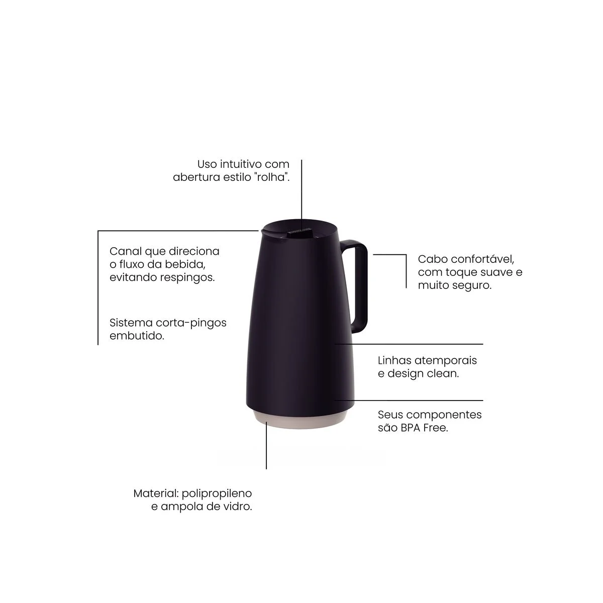 Bule Térmico Tramontina Exata em Plástico Preto com Ampola de Vidro 500 ml