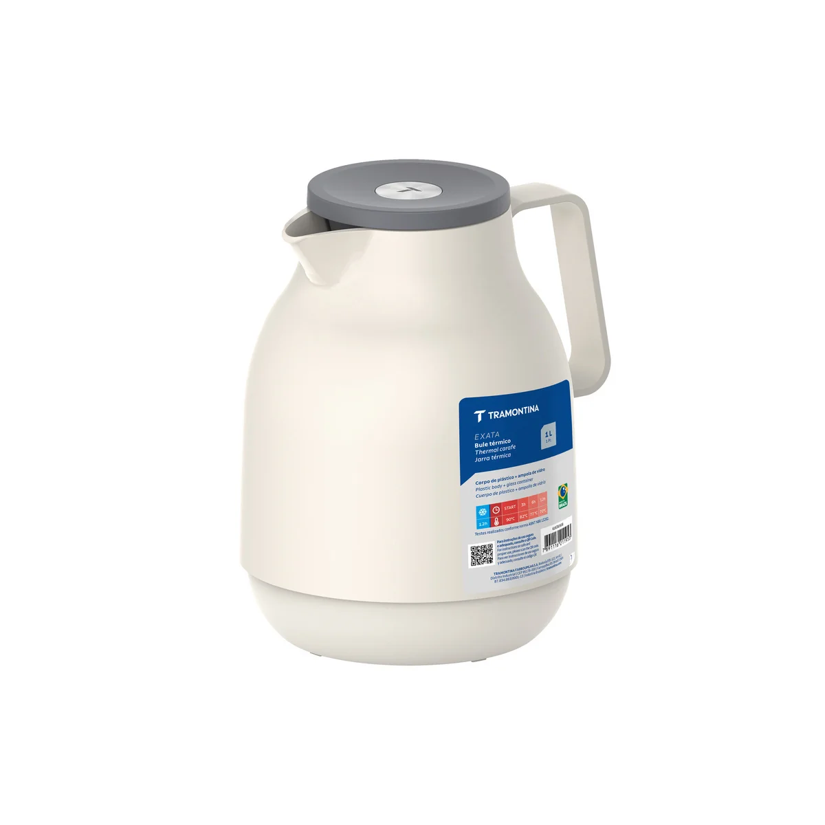 Bule Térmico Tramontina Exata em Plástico Vanilla 1 L Tampa Rolha com Botão de Pressão