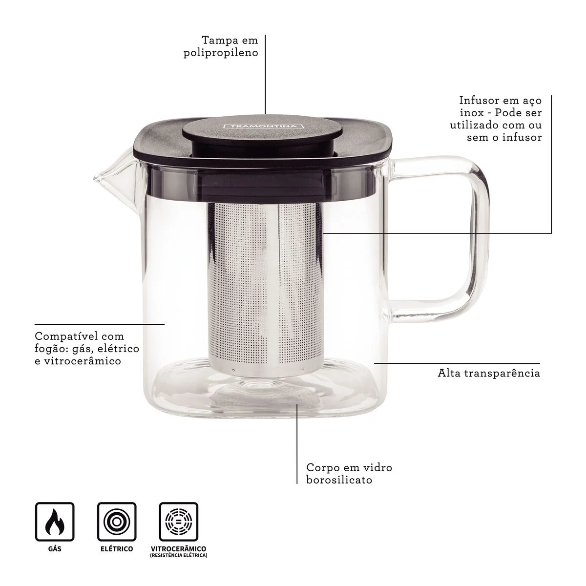 Bule para Chá Tramontina em Vidro e Aço Inox com Infusor 600 ml