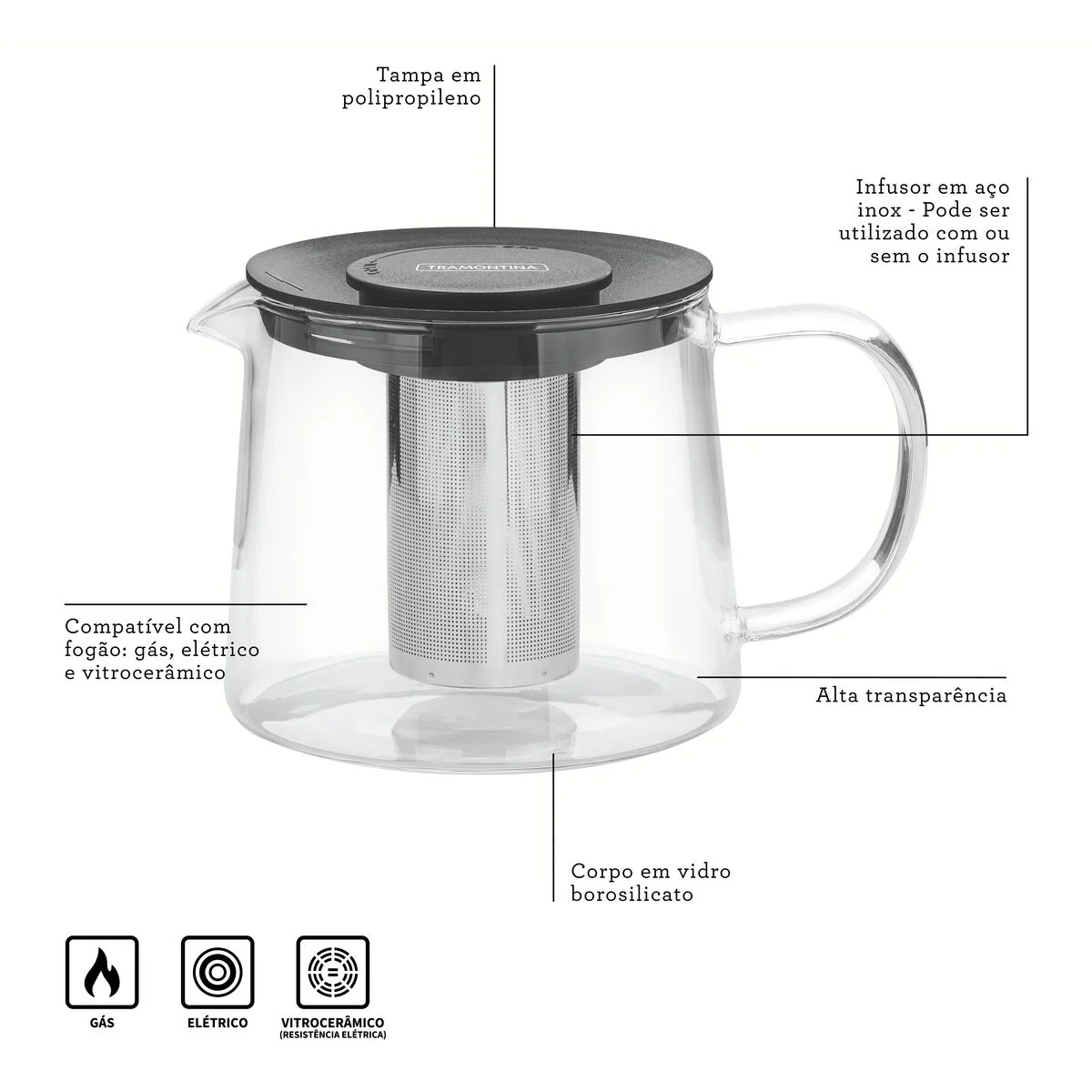 Bule para Chá Tramontina em Vidro e Aço Inox com Infusor 900 ml