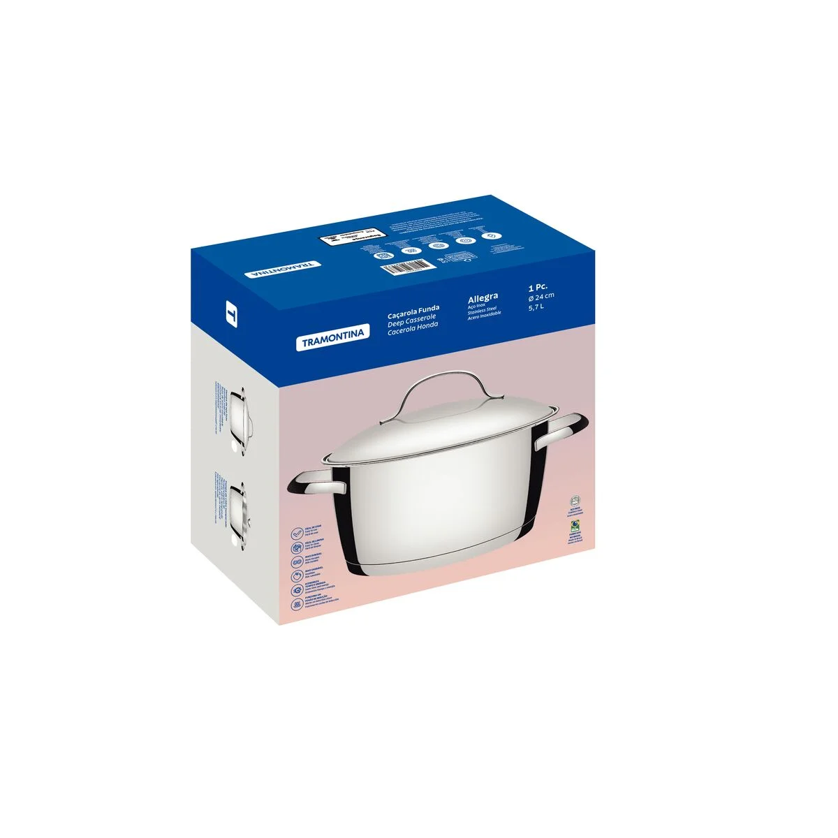 Caçarola Funda Tramontina Allegra em Aço Inox com Fundo Triplo 24 cm 5,7 L