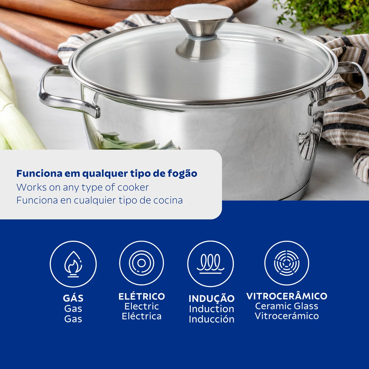 Caçarola Funda Tramontina Allegra em Aço Inox com Fundo Triplo e Tampa de Vidro 24 cm 5,7 L
