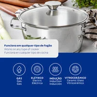 Caçarola Funda Tramontina Allegra em Aço Inox com Fundo Triplo e Tampa de Vidro 24 cm 5,7 L