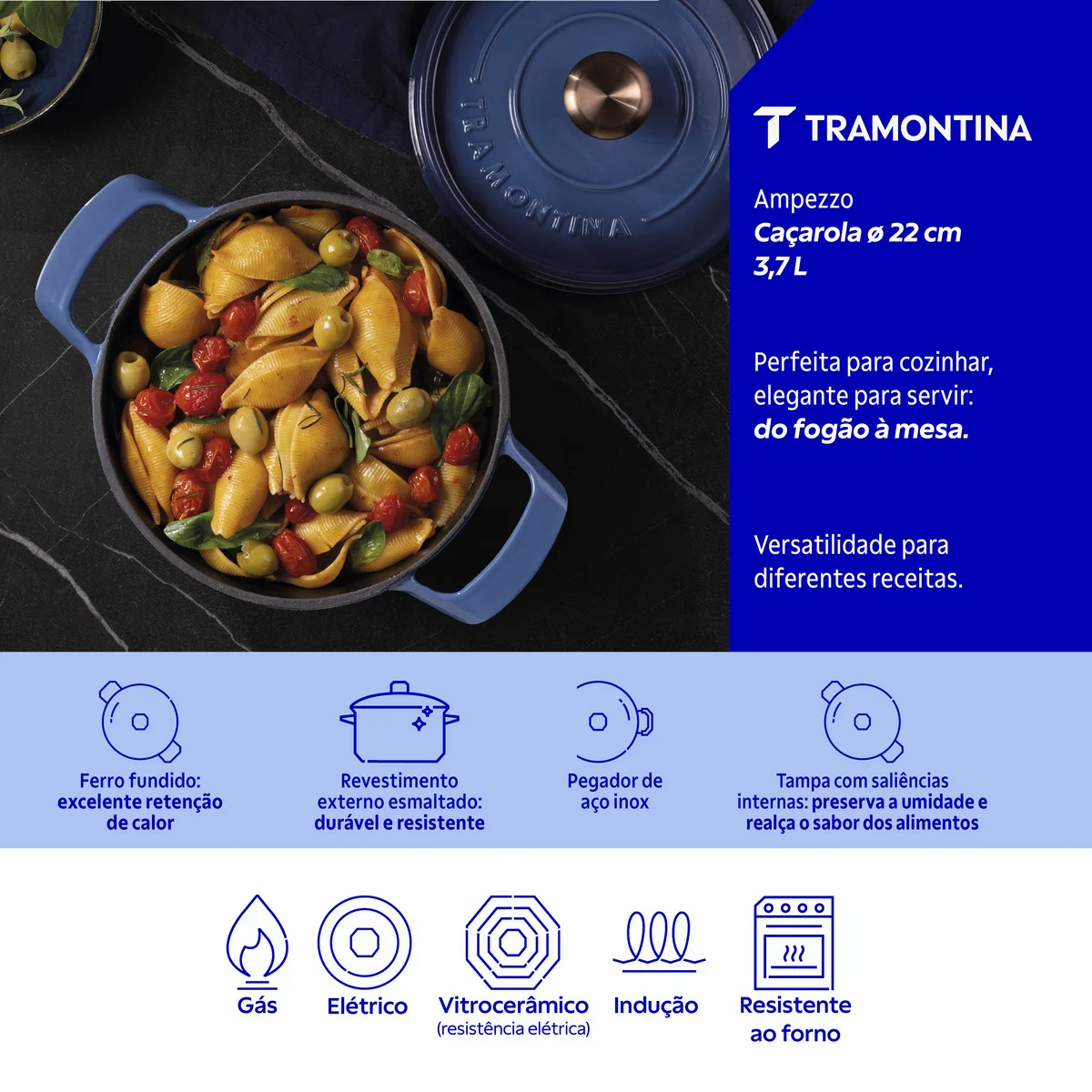 Caçarola Tramontina Ampezzo em Ferro Fundido com Revestimento Interno e Externo Esmaltado Azul 22 cm 3,7 L
