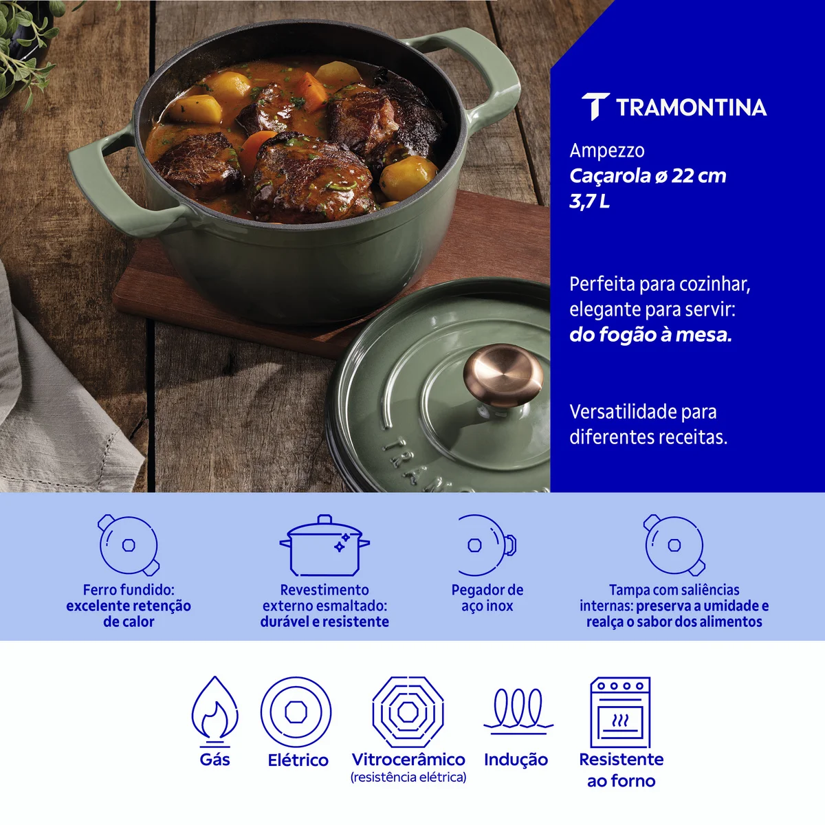 Caçarola Tramontina Ampezzo em Ferro Fundido com Revestimento Interno e Externo Esmaltado Verde 22 cm 3,7 L