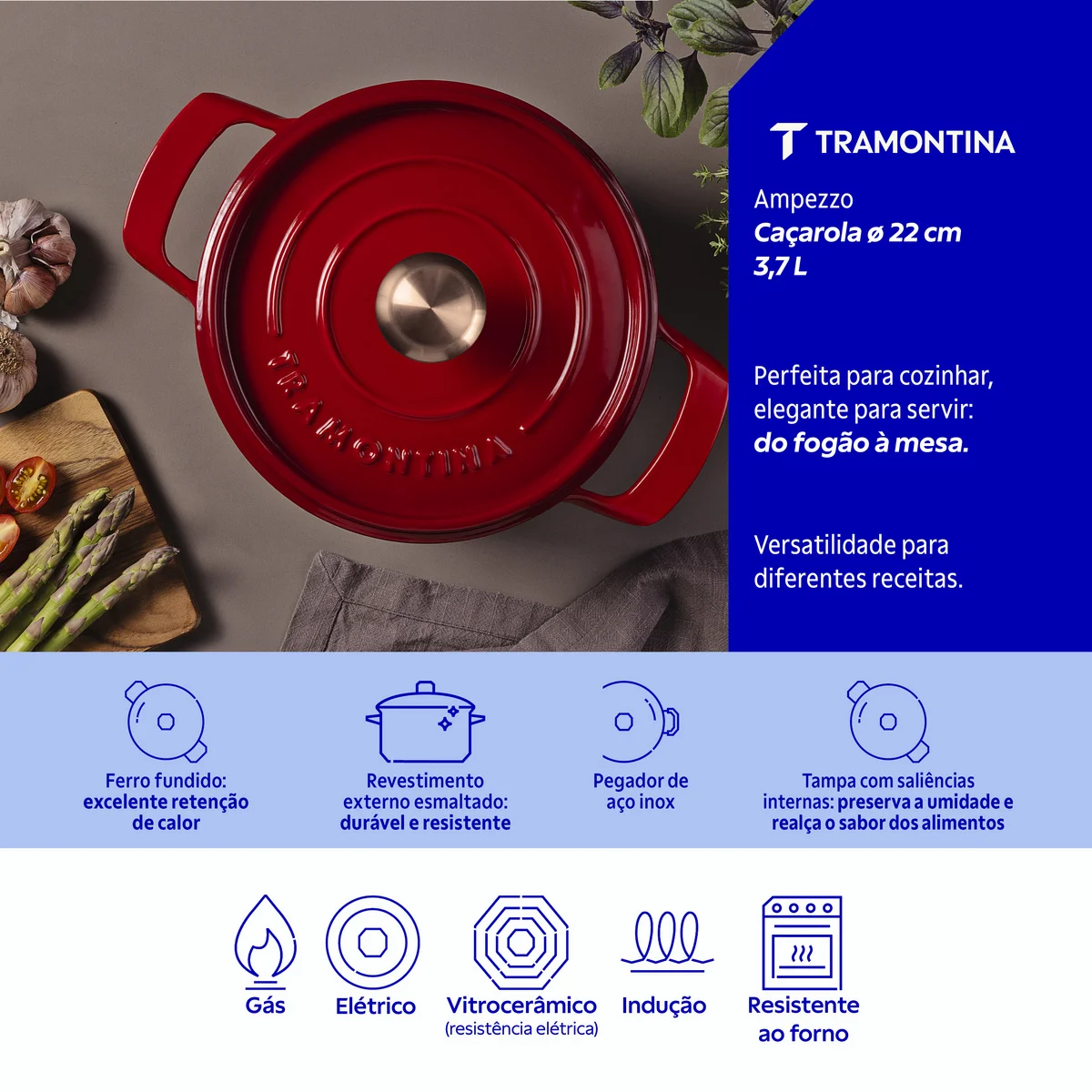 Caçarola Tramontina Ampezzo em Ferro Fundido com Revestimento Interno e Externo Esmaltado Vermelho 22 cm 3,7 L