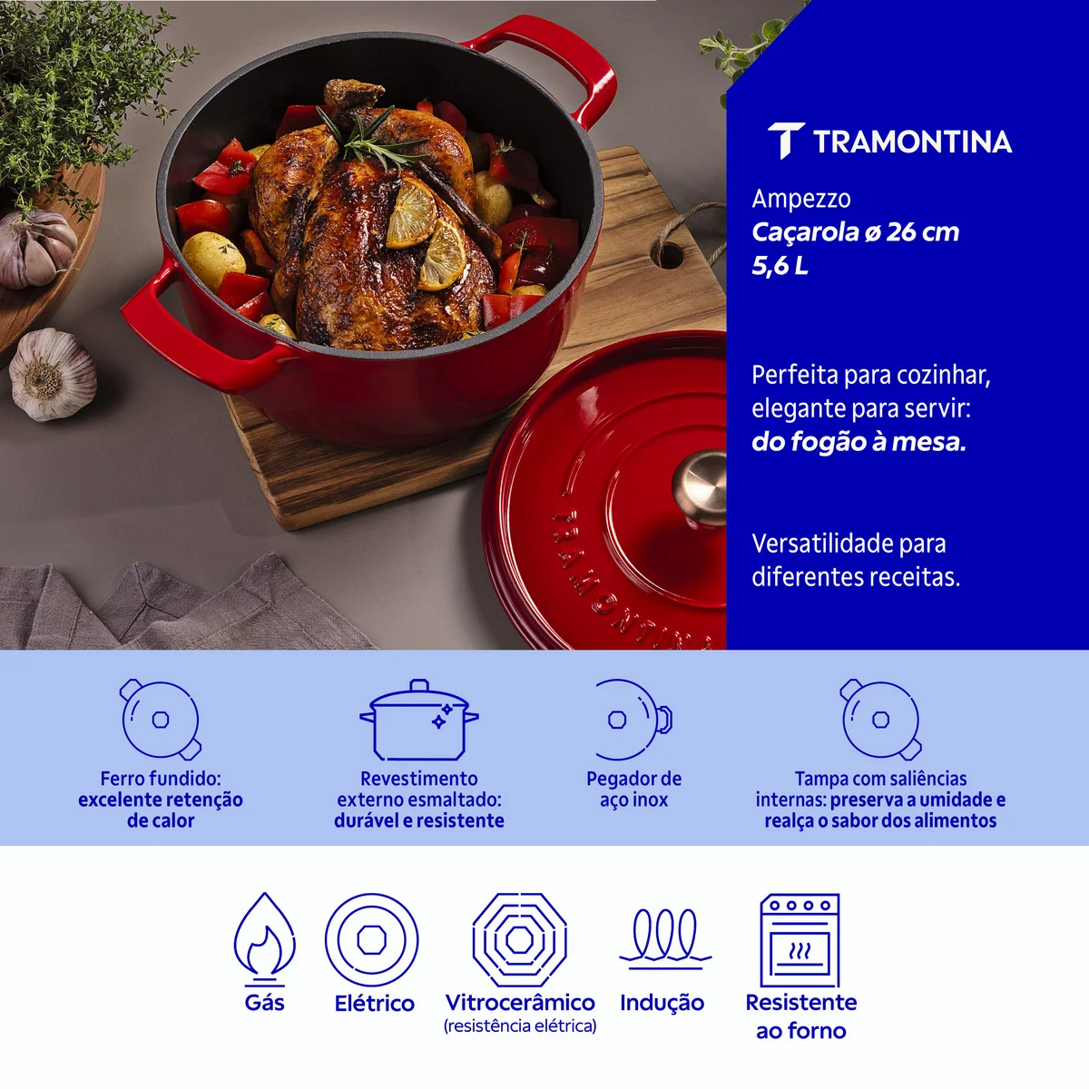Caçarola Tramontina Ampezzo em Ferro Fundido com Revestimento Interno e Externo Esmaltado Vermelho 26 cm 5,6 L