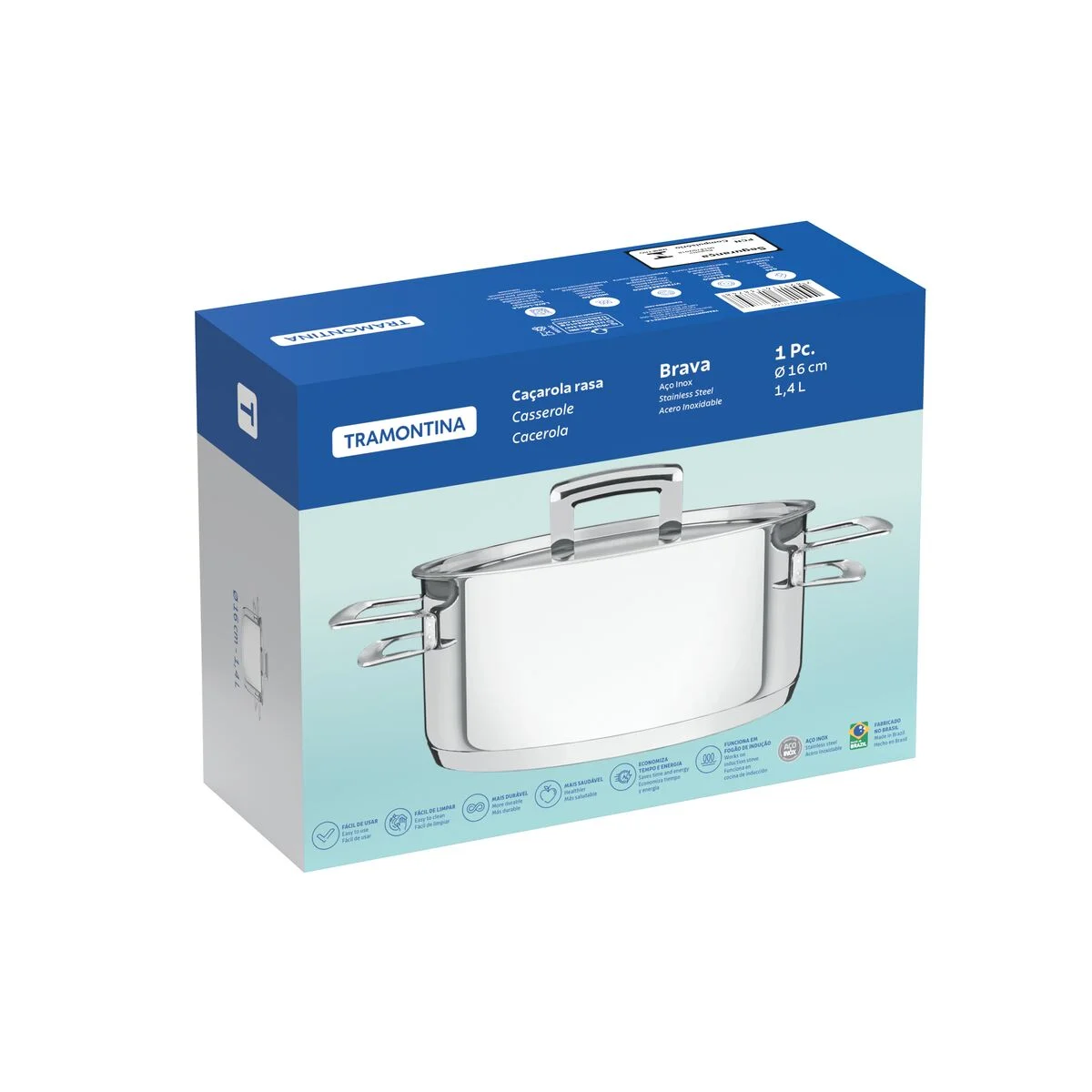 Caçarola Tramontina Brava Rasa em Aço Inox Fundo Triplo com Tampa Plana e Alças 16 cm 1,4 L