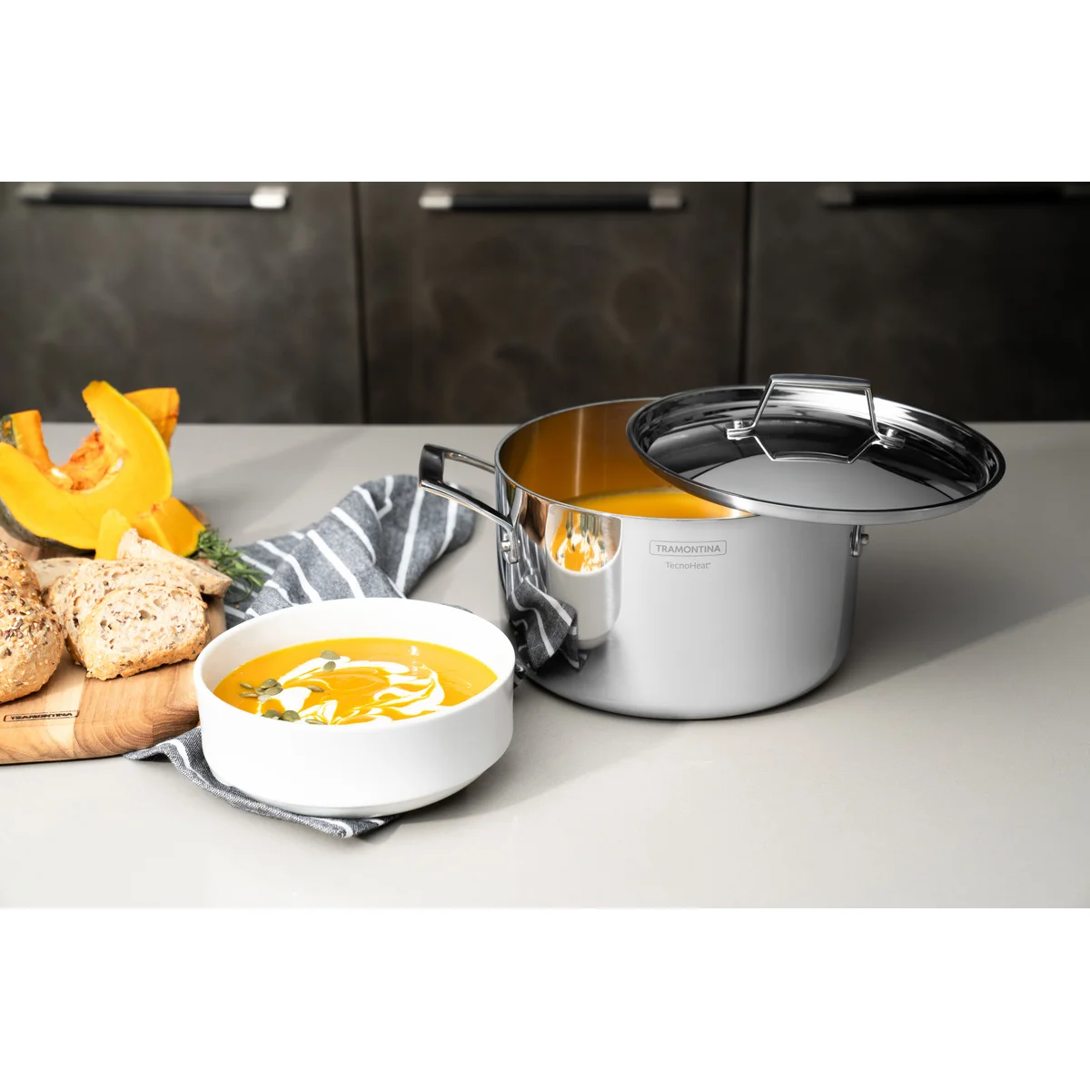Caçarola Tramontina Grano Funda em Aço Inox Corpo Triplo com Tampa e Alças 20 cm 3,8 L