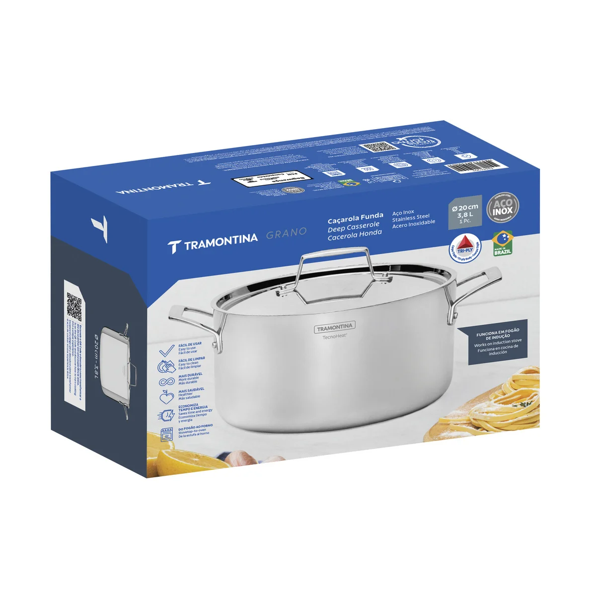 Caçarola Tramontina Grano Funda em Aço Inox Corpo Triplo com Tampa e Alças 20 cm 3,8 L