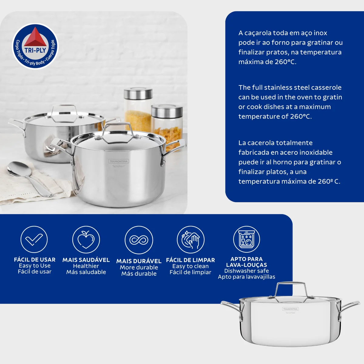 Caçarola Tramontina Grano Funda em Aço Inox Corpo Triplo com Tampa e Alças 20 cm 3,8 L