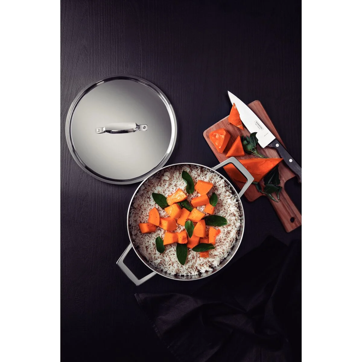 Caçarola Tramontina Grano Funda em Aço Inox Corpo Triplo com Tampa e Alças 20 cm 3,8 L