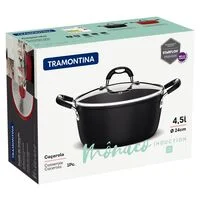Caçarola Tramontina Mônaco Induction em Alumínio com Revestimento Interno e Externo Antiaderente Starflon Premium Preto com Tampa de Vidro 24 cm 4,5 L