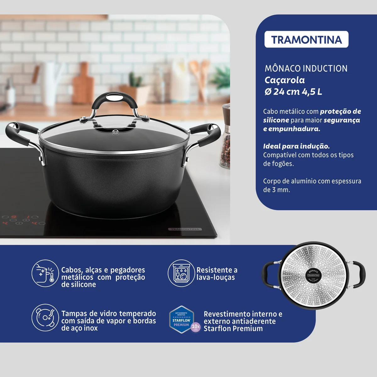 Caçarola Tramontina Mônaco Induction em Alumínio com Revestimento Interno e Externo Antiaderente Starflon Premium Preto com Tampa de Vidro 24 cm 4,5 L