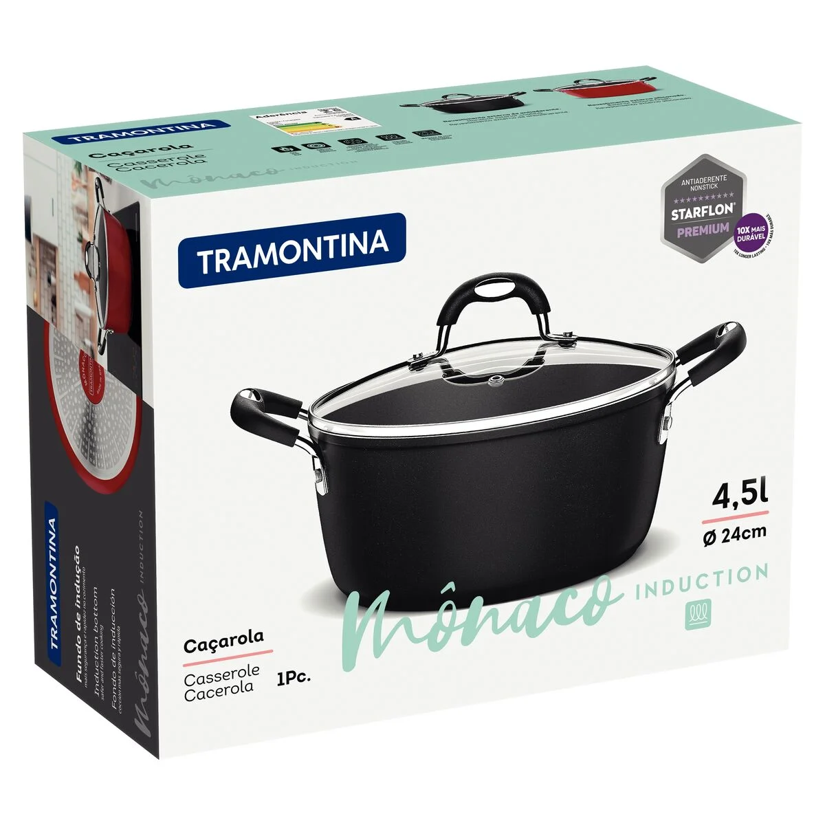 Caçarola Tramontina Mônaco Induction em Alumínio com Revestimento Interno e Externo Antiaderente Starflon Premium Preto com Tampa de Vidro 24 cm 4,5 L