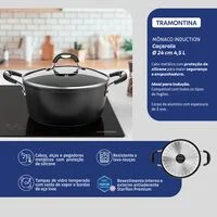 Caçarola Tramontina Mônaco Induction em Alumínio com Revestimento Interno e Externo Antiaderente Starflon Premium Preto com Tampa de Vidro 24 cm 4,5 L