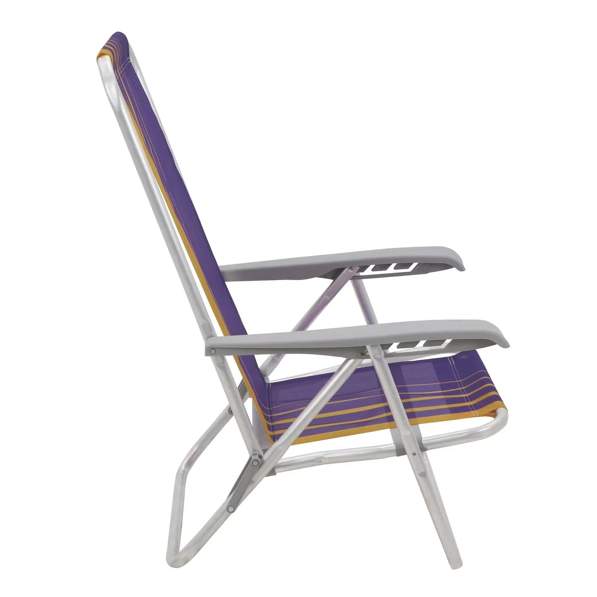Cadeira de Praia Reclinável Tramontina Bali Baixa em Alumínio com Assento Roxo e Amarelo
