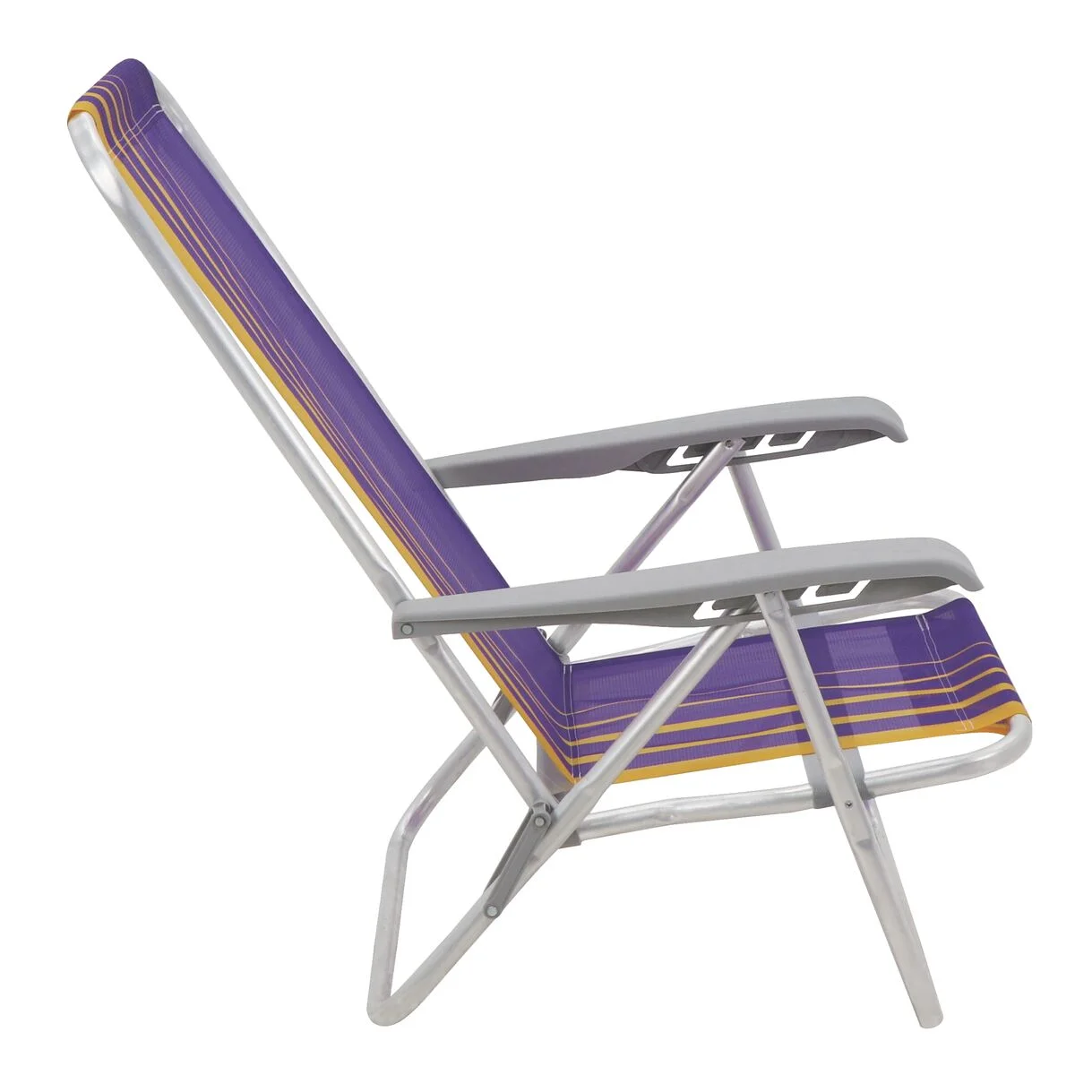 Cadeira de Praia Reclinável Tramontina Bali Baixa em Alumínio com Assento Roxo e Amarelo