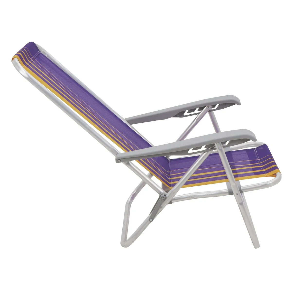 Cadeira de Praia Reclinável Tramontina Bali Baixa em Alumínio com Assento Roxo e Amarelo