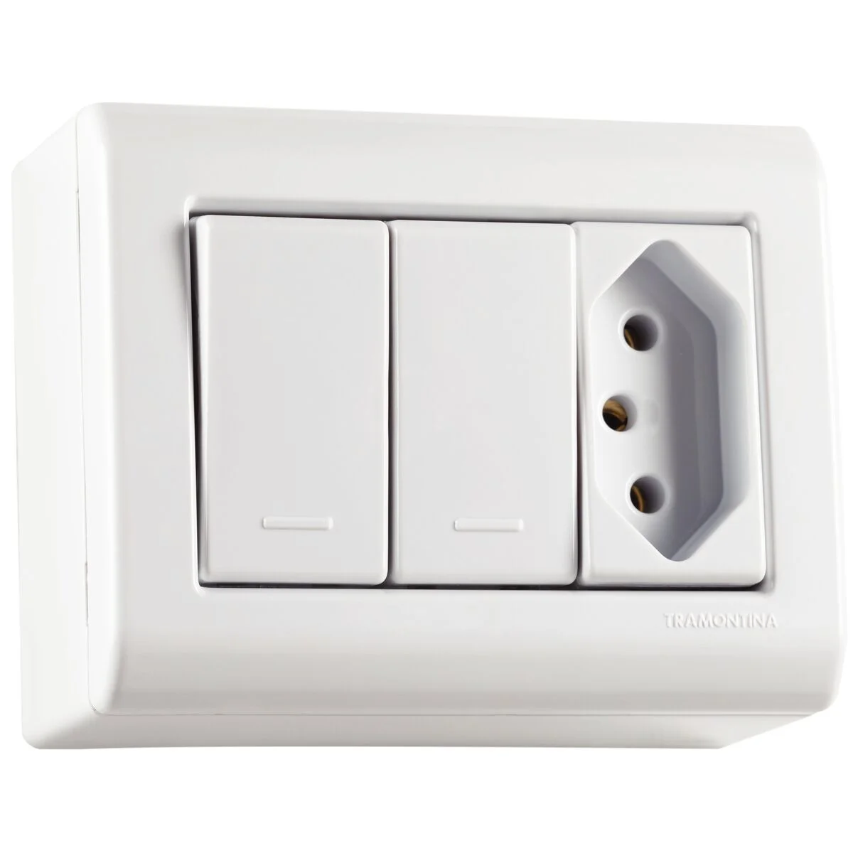 Caixa de Sobrepor com 2 Interruptores Simples 10 A 250 V e 1 Tomada 2P+T 10 A 250 V Tramontina Lizflex Branca