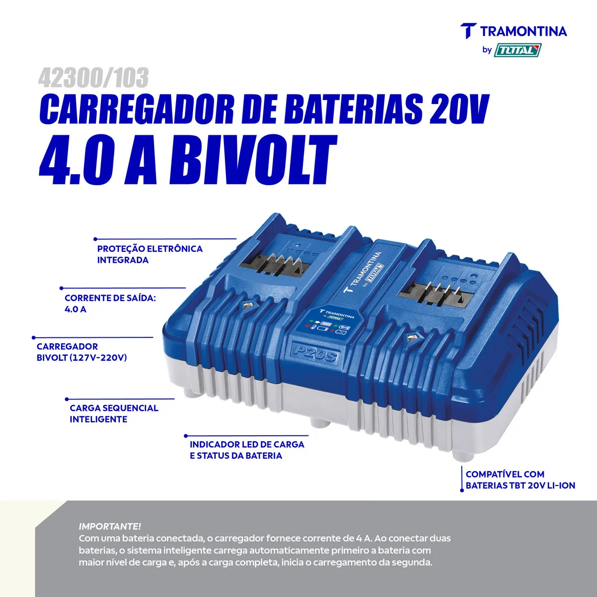 Carregador Duplo de Baterias 20V 4,0A Tramontina by Total