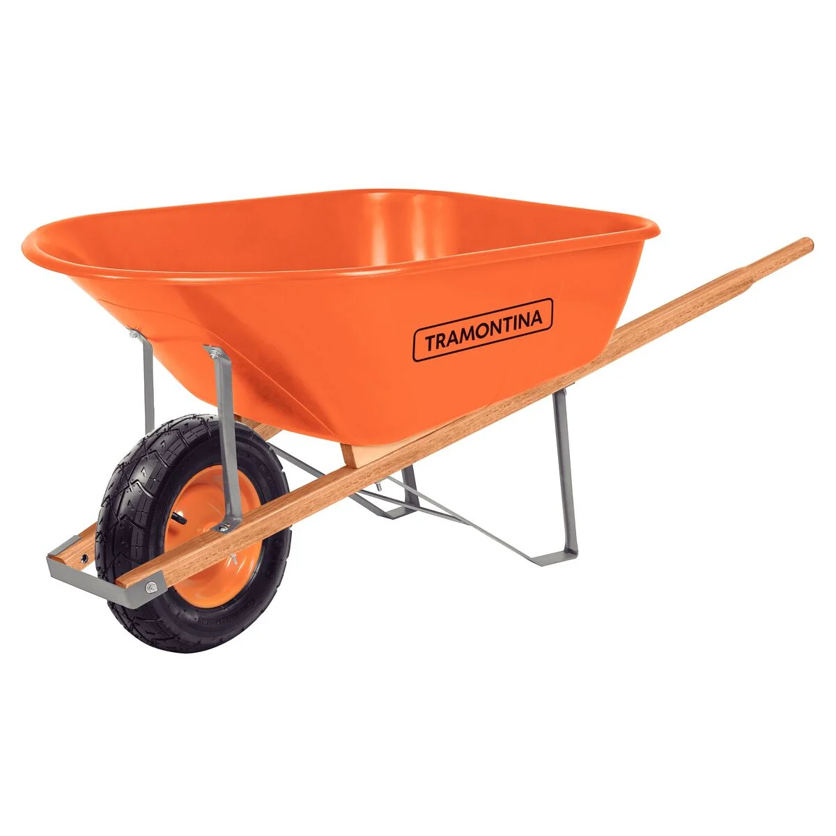 Carrinho de Mão Tramontina com Caçamba Extrafunda Plástica Laranja 110 L, Braço de Madeira e Pneu com Câmara