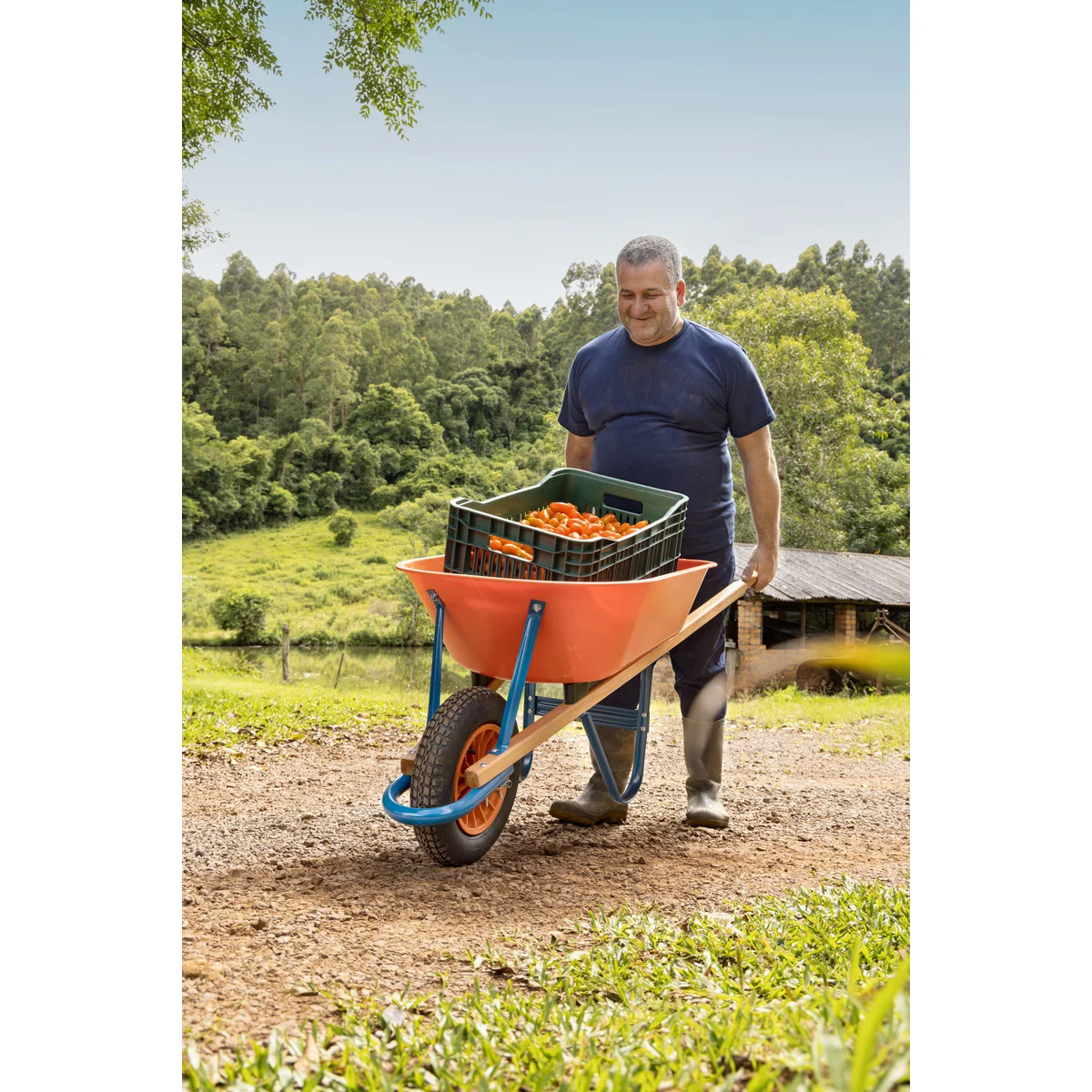 Carrinho de Mão Tramontina com Caçamba Funda Plástica Laranja 55 L, Braço de Madeira e Pneu com Câmara