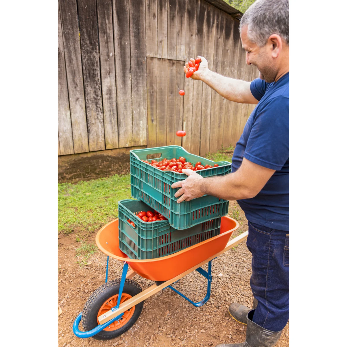Carrinho de Mão Tramontina com Caçamba Funda Plástica Laranja 55 L, Braço de Madeira e Pneu com Câmara