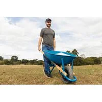 Carrinho de Mão Tramontina com Caçamba Rasa Plástica Azul 50 L, Braço de Madeira Bipartido e Pneu Maciço
