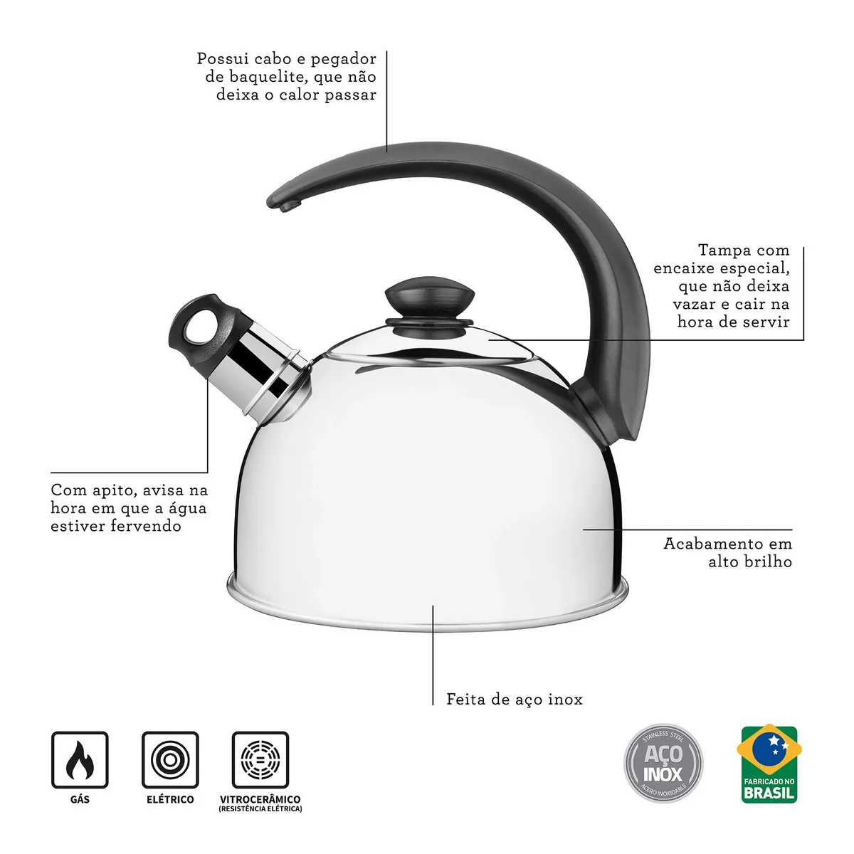 Chaleira Tramontina com Apito em Aço Inox Cabo Preto 2,1 L