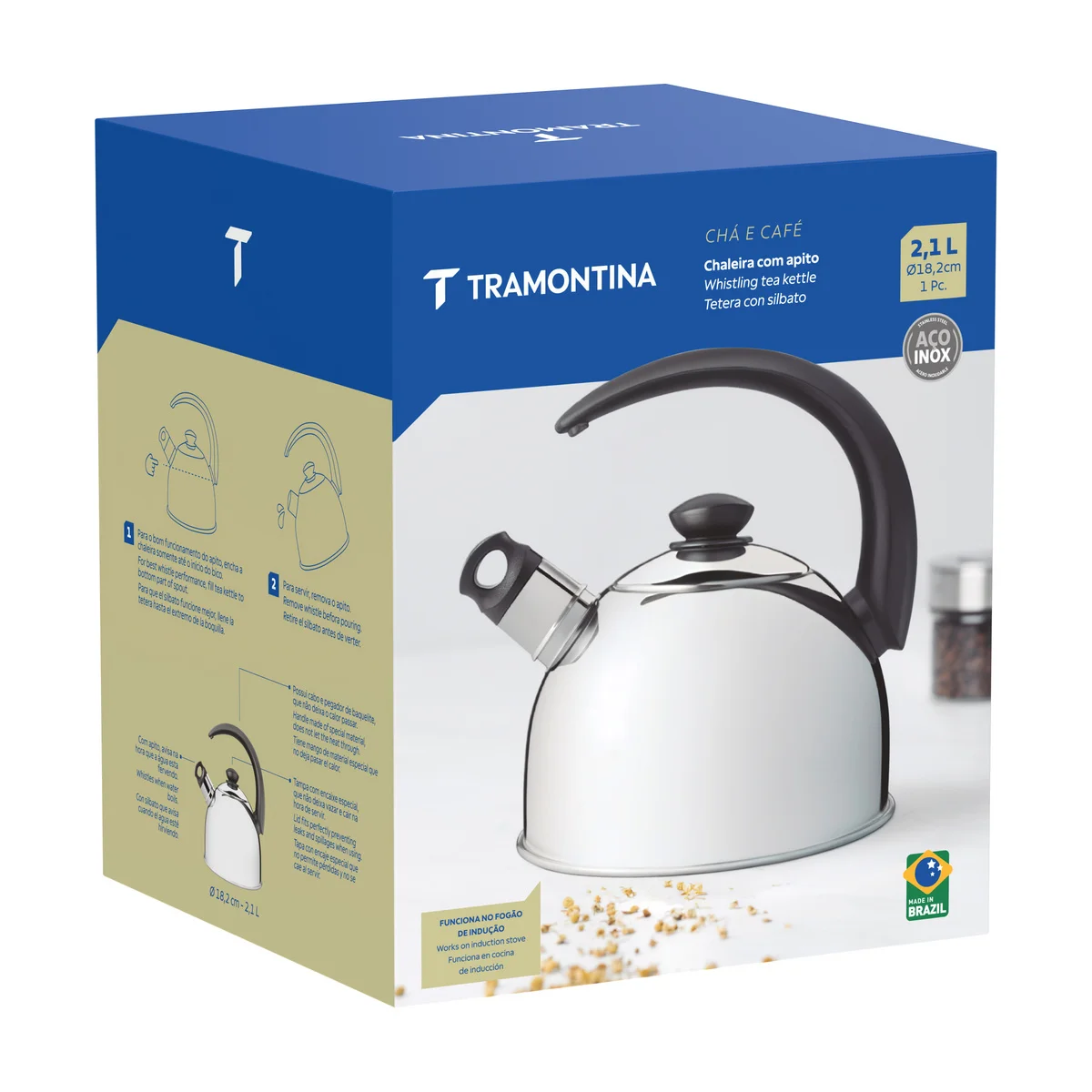 Chaleira Tramontina com Apito em Aço Inox Cabo Preto 2,1 L