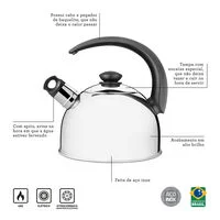 Chaleira Tramontina com Apito em Aço Inox Cabo Preto 2,1 L
