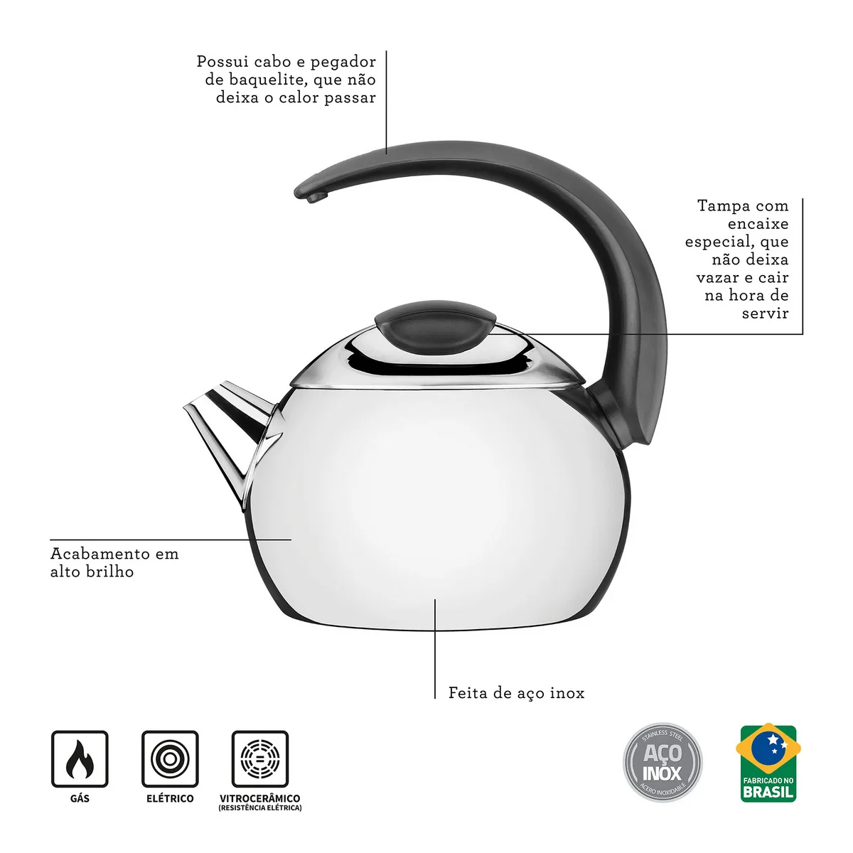 Chaleira Tramontina em Aço Inox Cabo Preto 14,5 cm 2,25 L