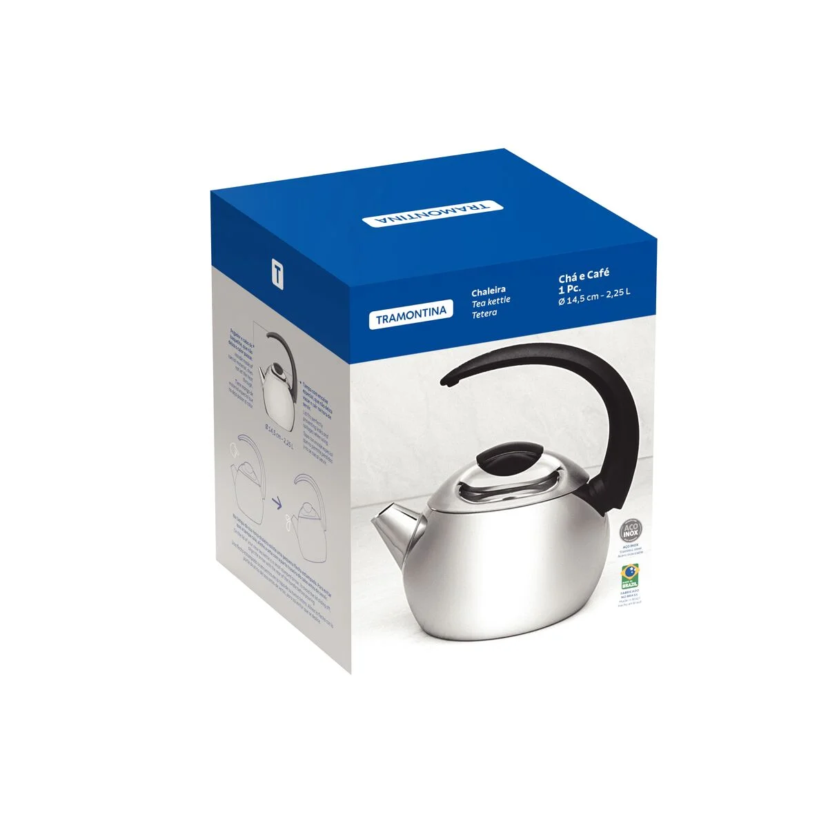 Chaleira Tramontina em Aço Inox Cabo Preto 14,5 cm 2,25 L