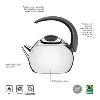 Chaleira Tramontina em Aço Inox Cabo Preto 14,5 cm 2,25 L