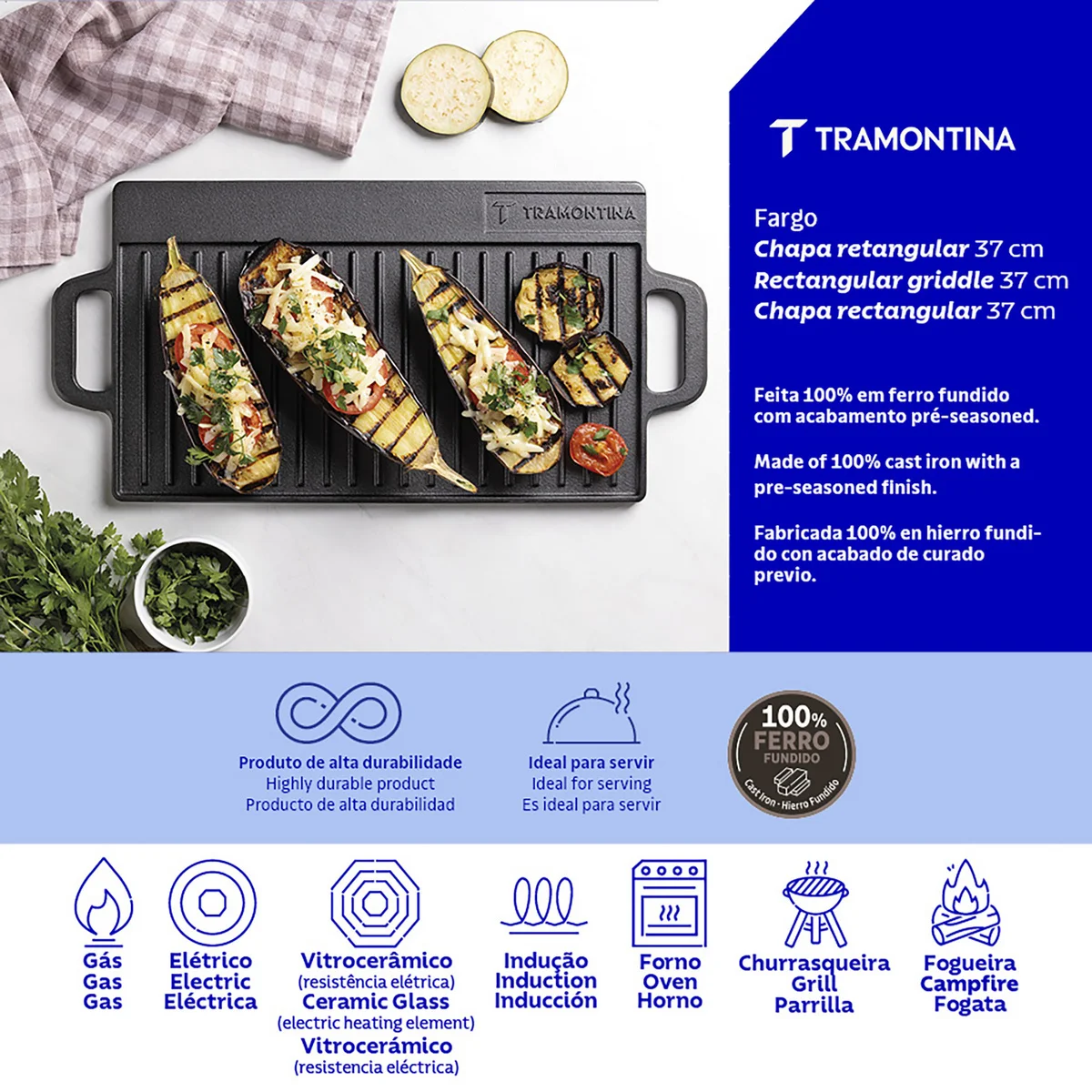Chapa Retangular Tramontina Fargo em Ferro Fundido com Acabamento Pre-Seasoned 37 cm 2,3 L