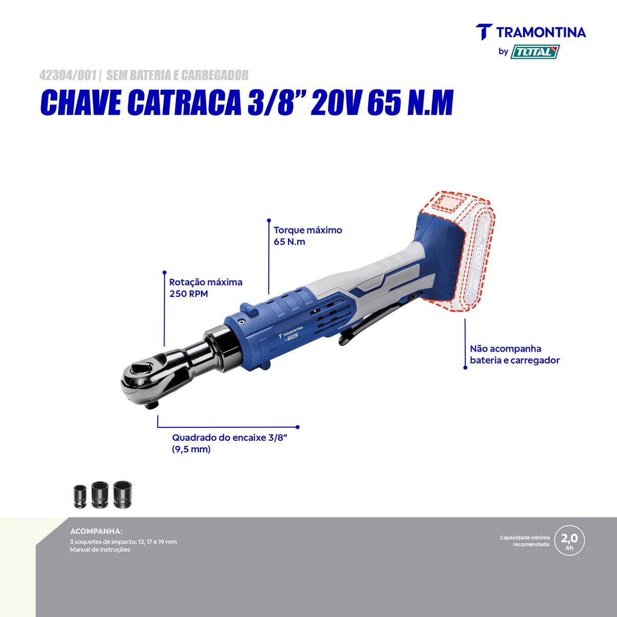 Chave Catraca 20V 3/8" 65 N.m Tramontina by Total - Sem Bateria e Carregador